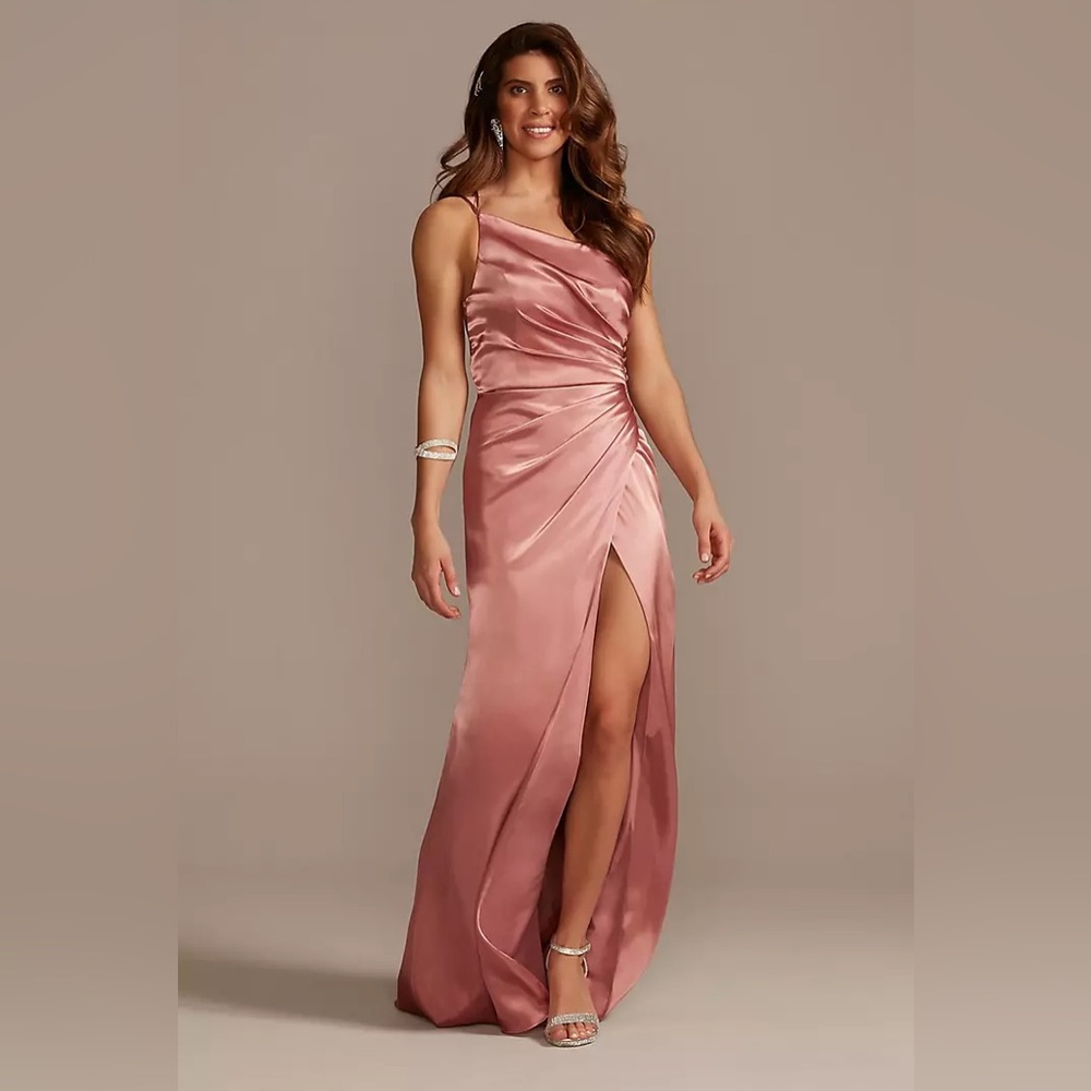 David's Bridal Galina Signature Charmeuse  One Shoulder Gown in Desert Coral